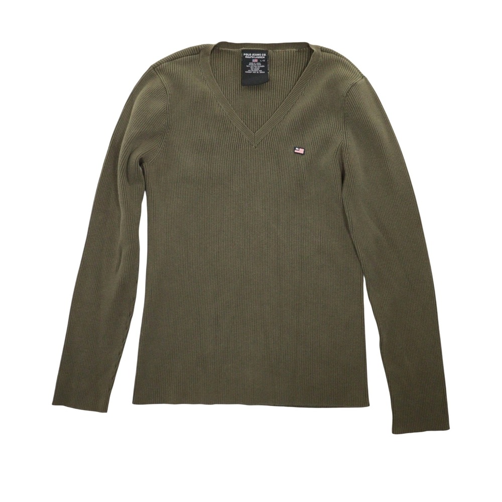VTG Polo Jeans Co Ralph Lauren V-Neck Women L Ribbed Knit Olive Green Cotton